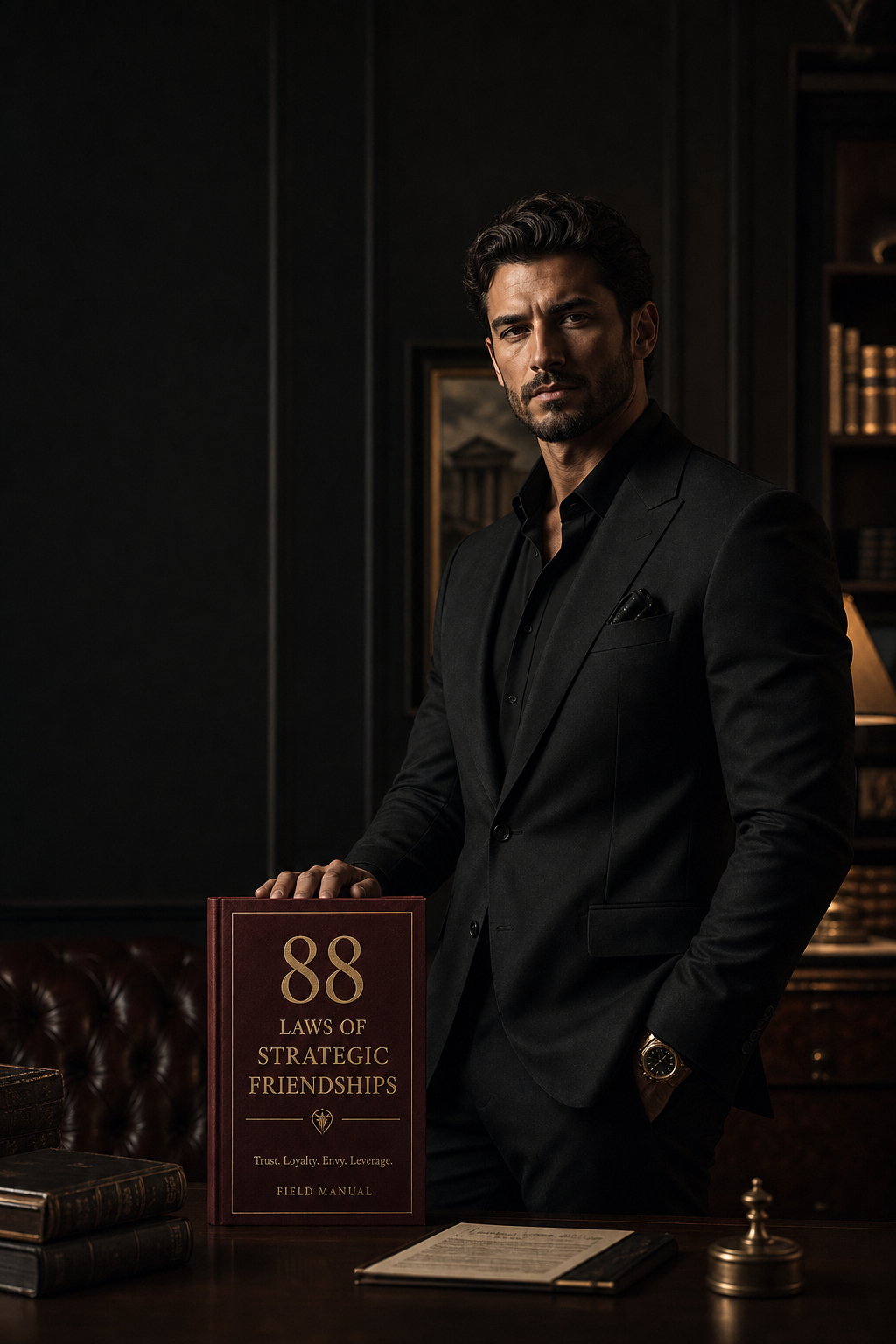 High-value man standing beside the red book 88 Laws Of Strategic Friendships