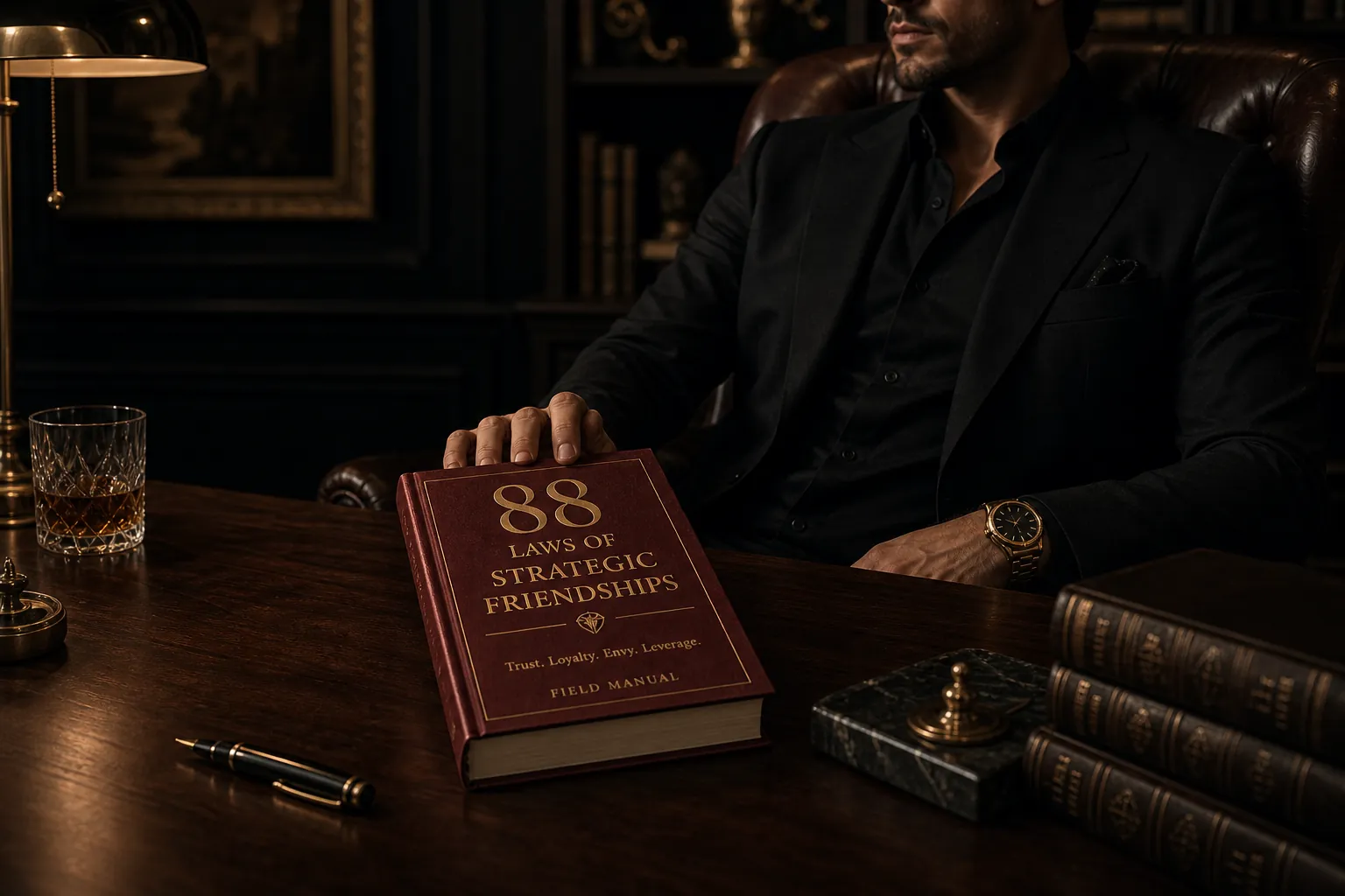 Close-up of the red book 88 Laws Of Strategic Friendships resting on a dark walnut table in a luxury study